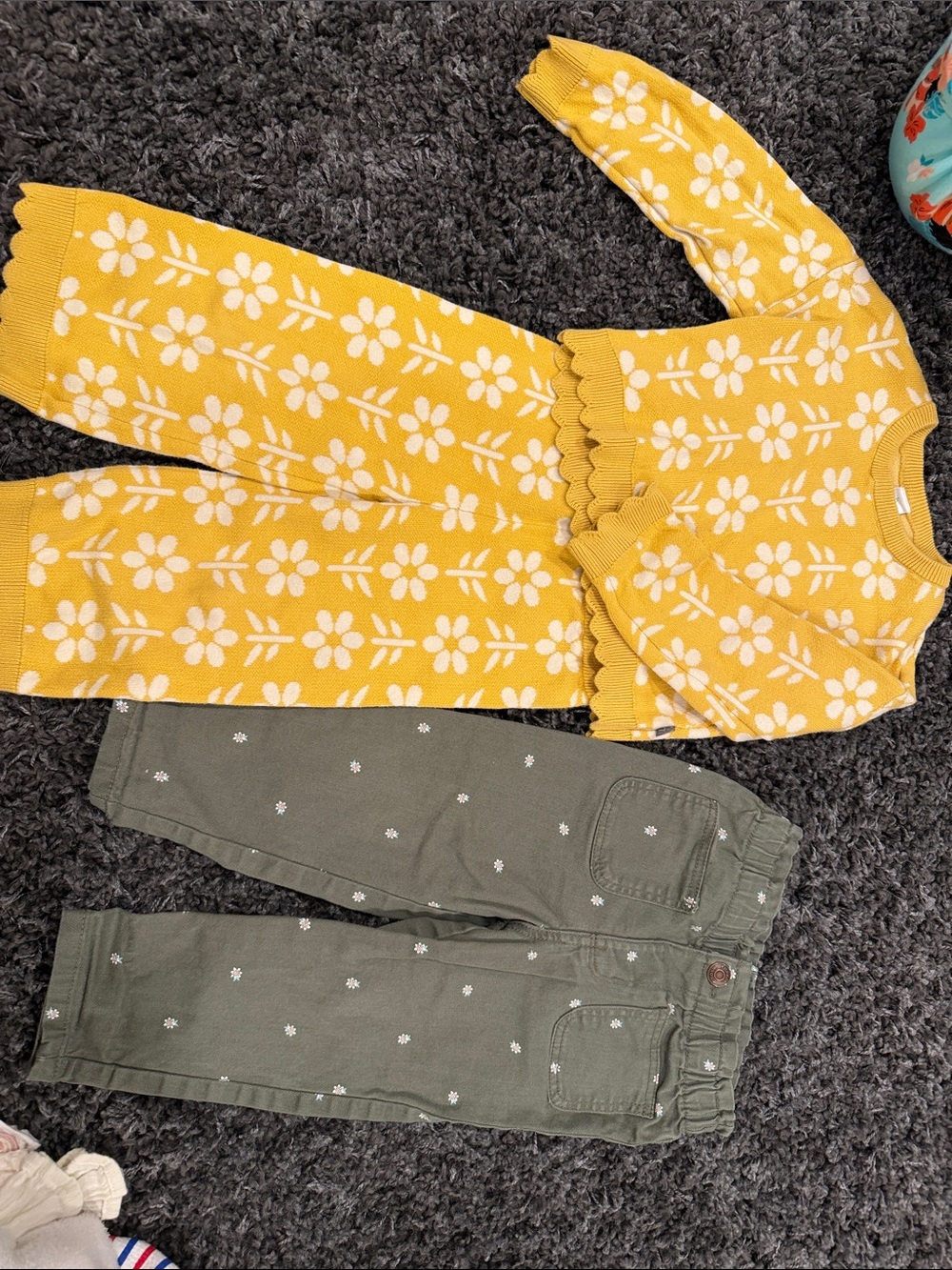Gerber Yellow Floral Knit Top with Olive Green Embroidered Pants